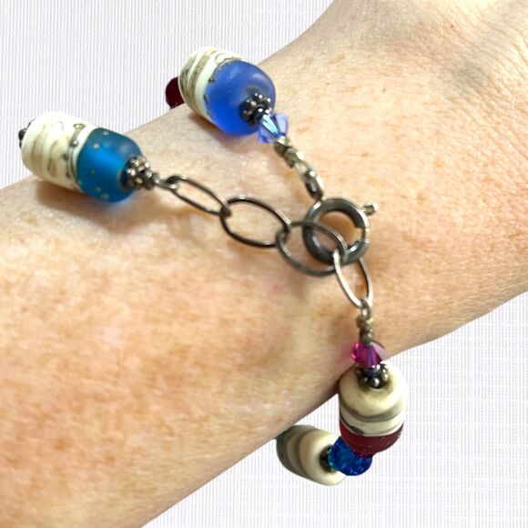 Handmade Bracelet Linked Polymer Clay Cylinder Beads Crystal Boho Artsy Festival - Picture 6 of 7